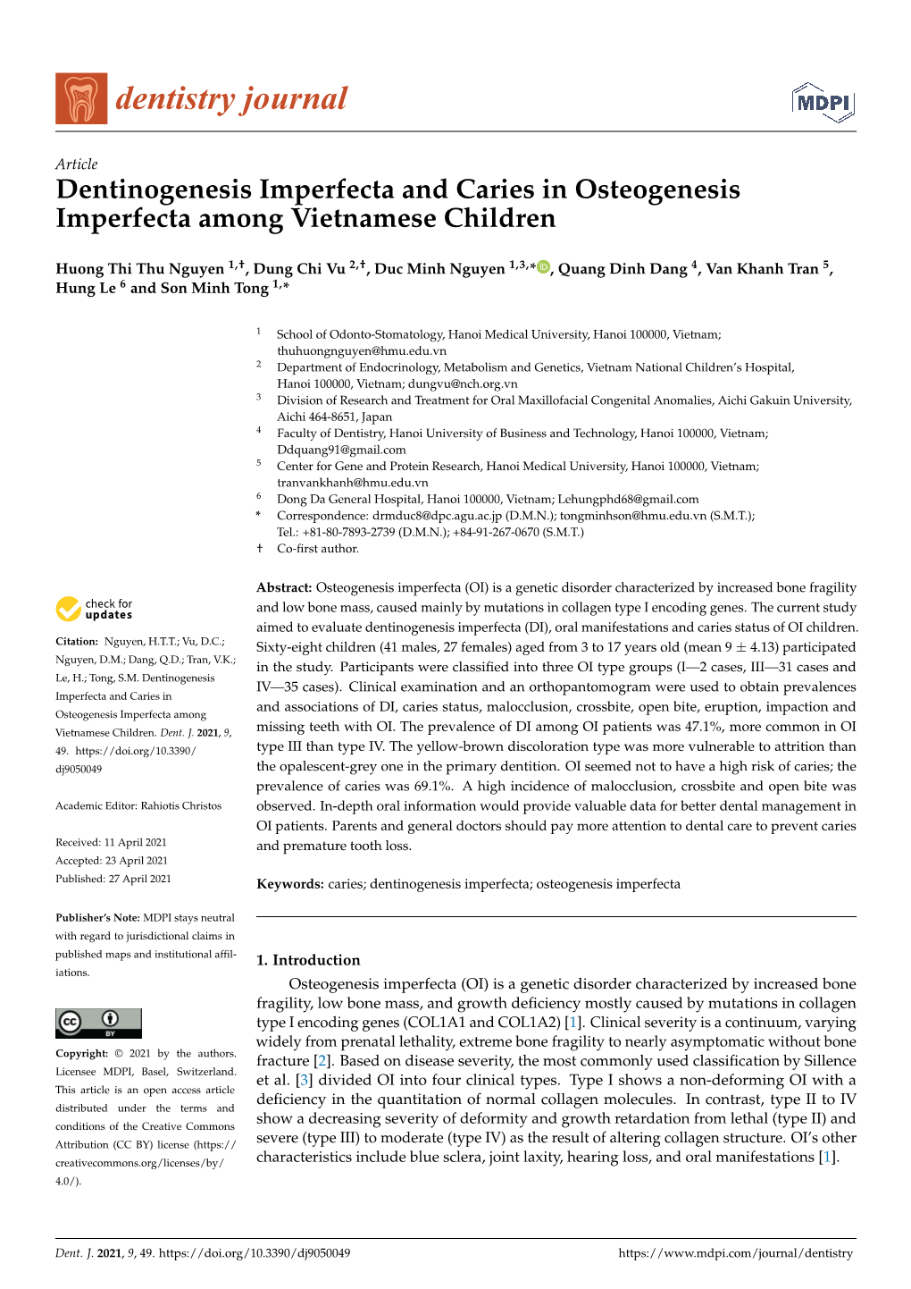 Dentinogenesis Imperfecta and Caries in Osteogenesis Imperfecta Among Vietnamese Children