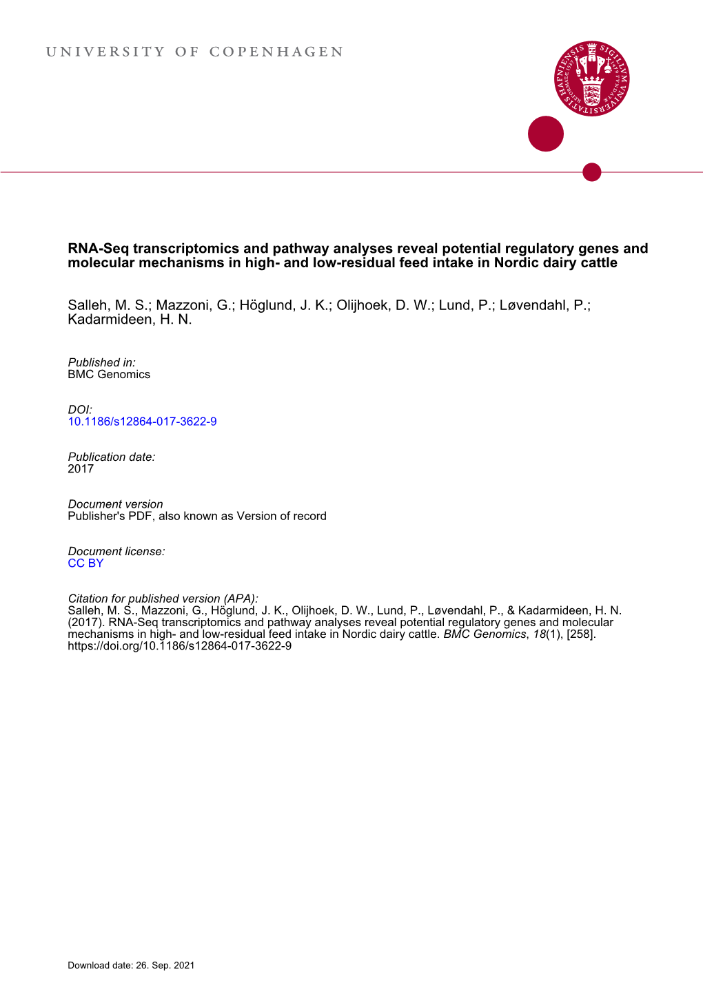 RNA-Seq Transcriptomics and Pathway Analyses Reveal Potential Regulatory Genes and Molecular Mechanisms in High- and Low-Residual Feed Intake in Nordic Dairy Cattle