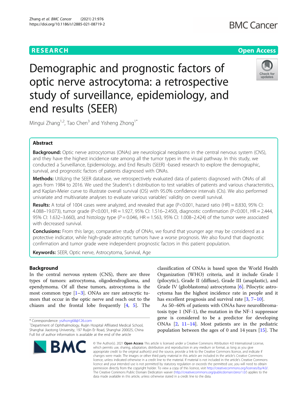 Demographic and Prognostic Factors of Optic Nerve Astrocytoma