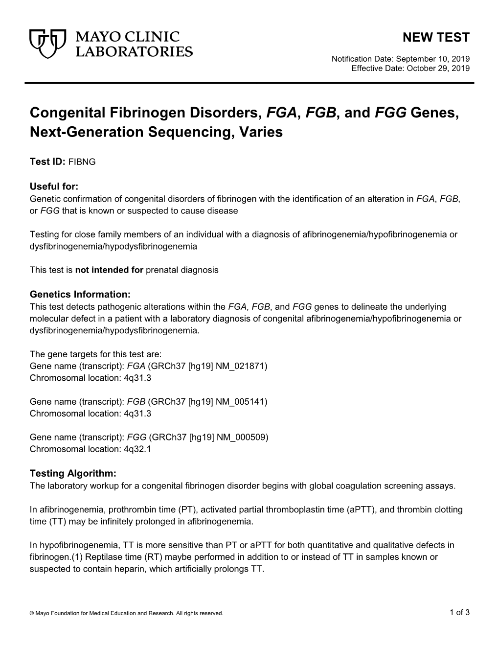 Congenital Fibrinogen Disorders, FGA, FGB, and FGG Genes, Next-Generation Sequencing, Varies