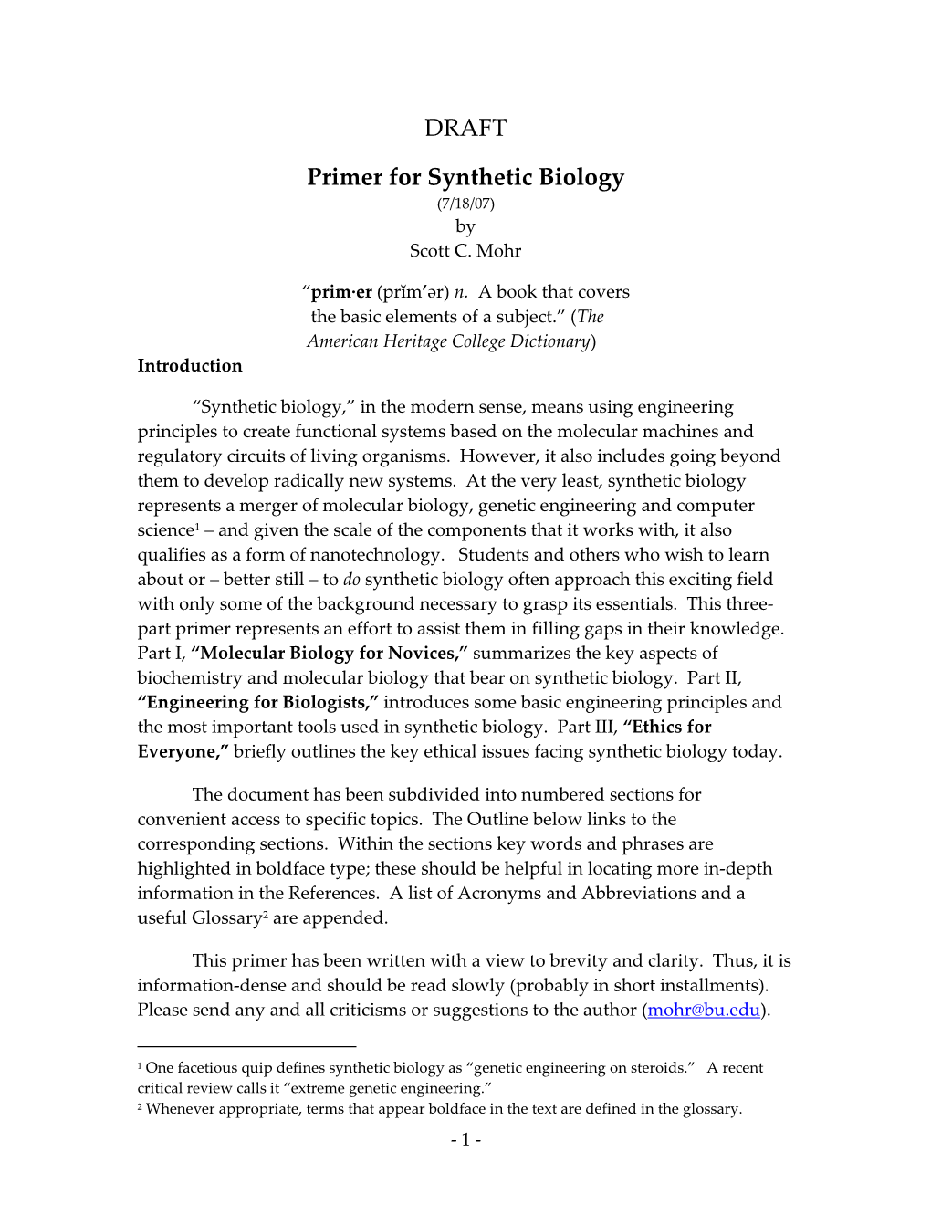 Primer for Synthetic Biology (7/18/07) by Scott C