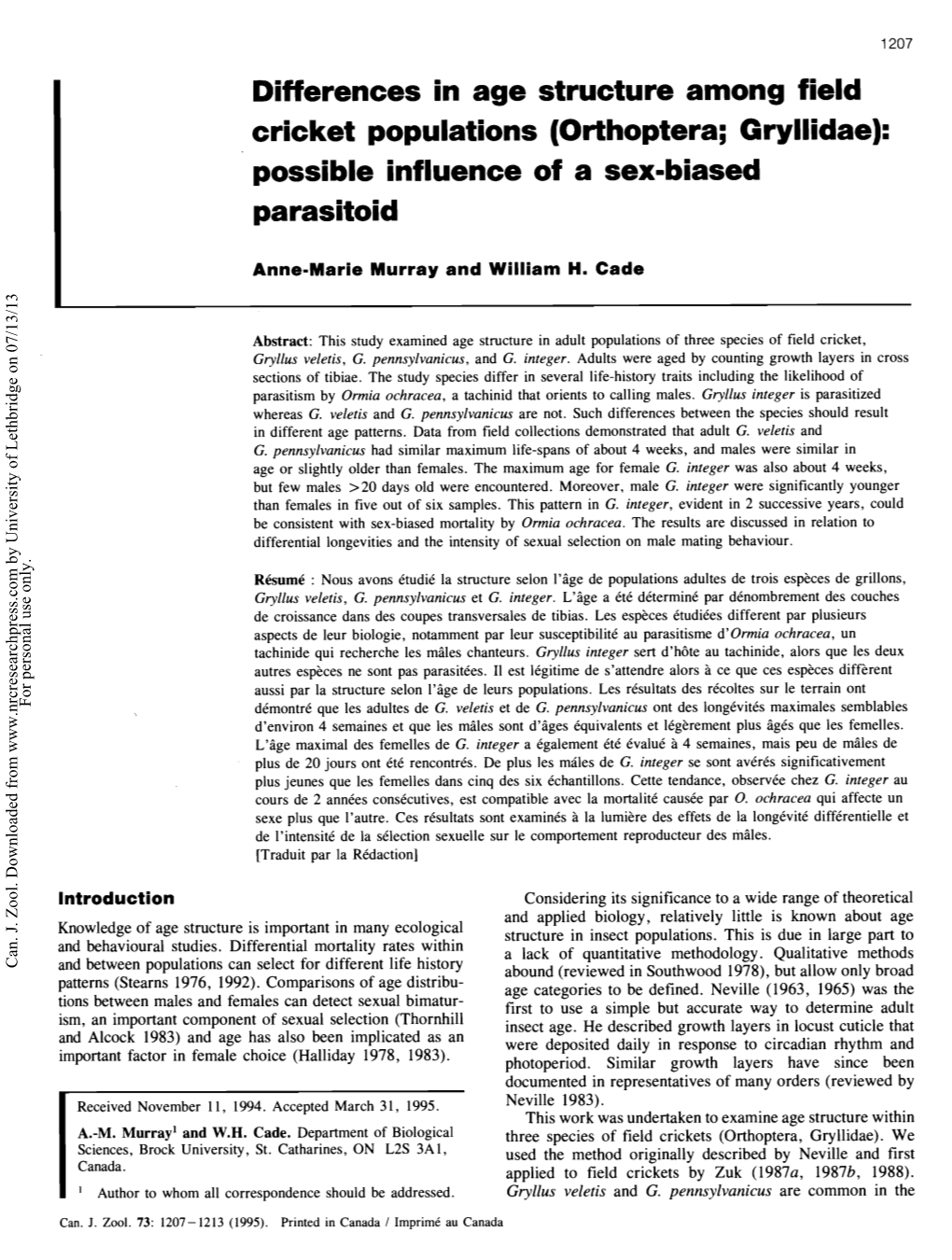 Orthoptera; Gryllidae): I Possible Influence of a Sex-Biased Parasitoid