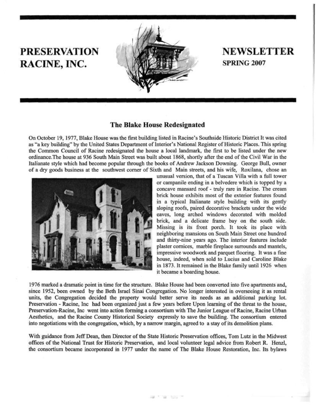 Preservation Racine, Inc. Newsletter