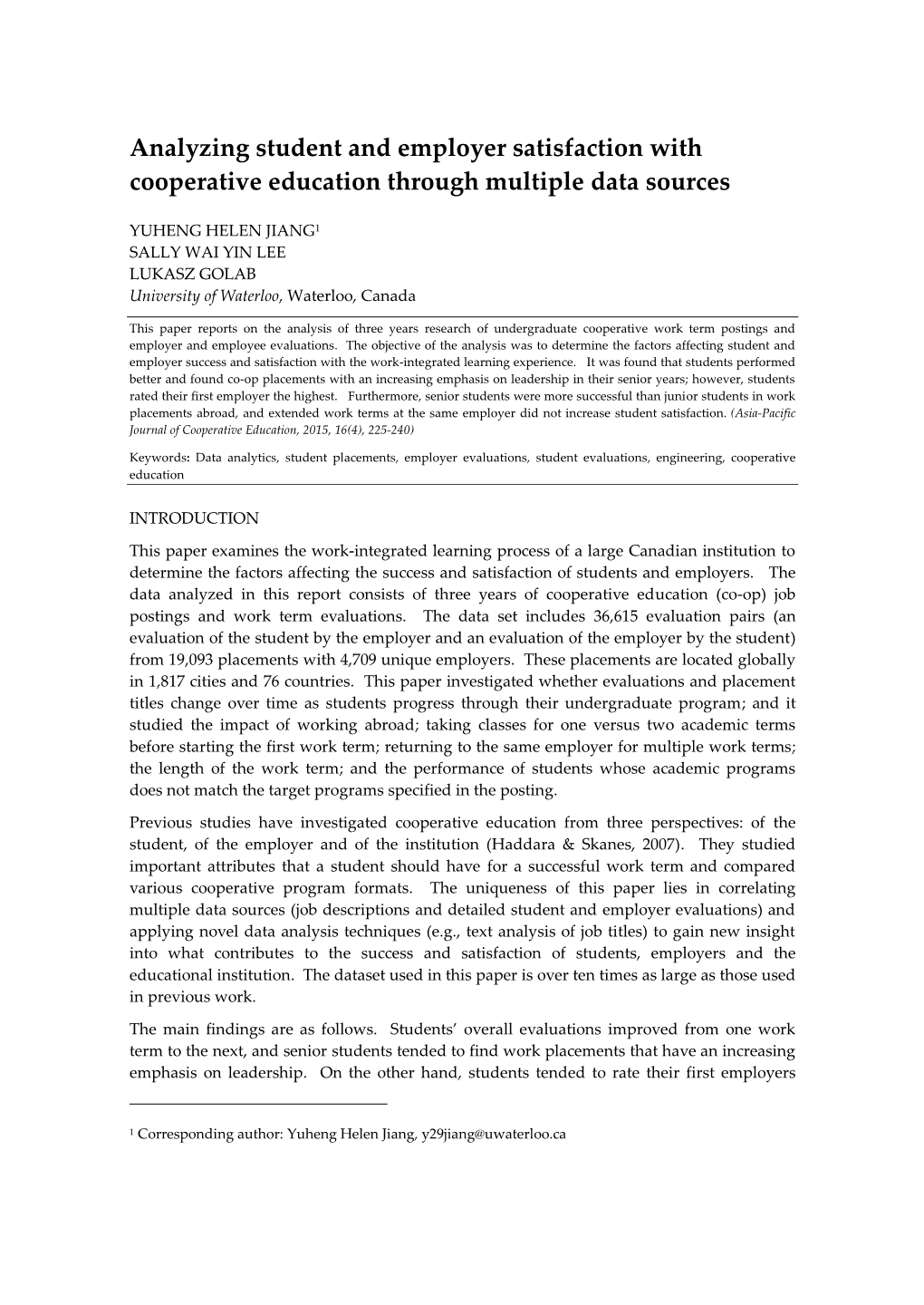 Analyzing Student and Employer Satisfaction with Cooperative Education Through Multiple Data Sources