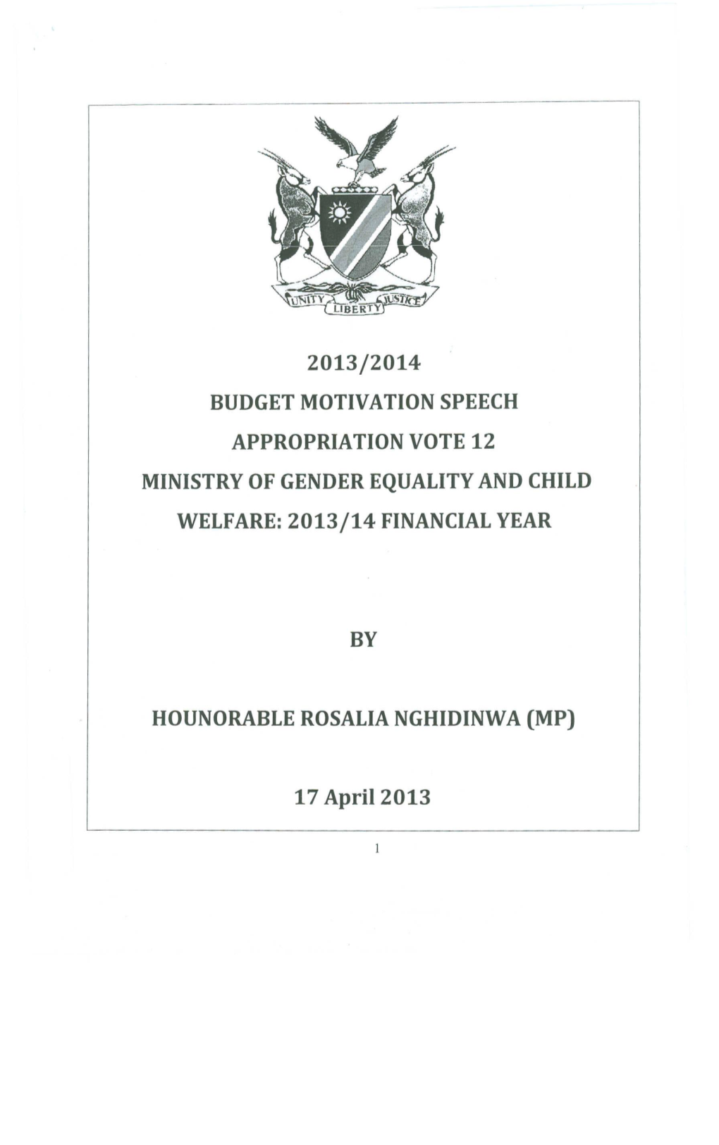 Budget Motivation Speech for VOTE 12 Ministry