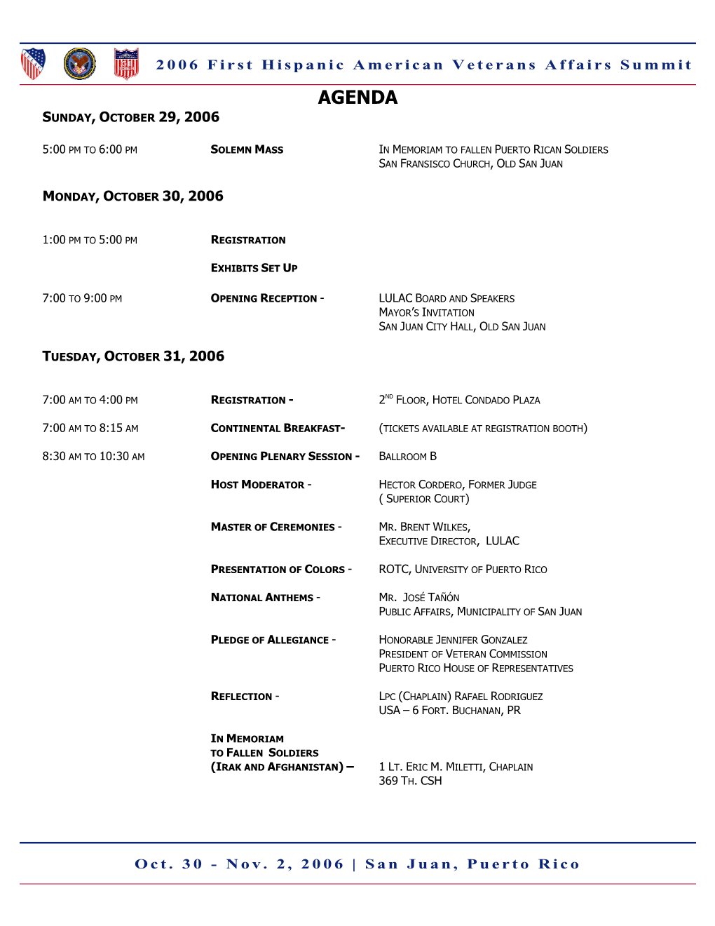 Agenda Sunday, October 29, 2006