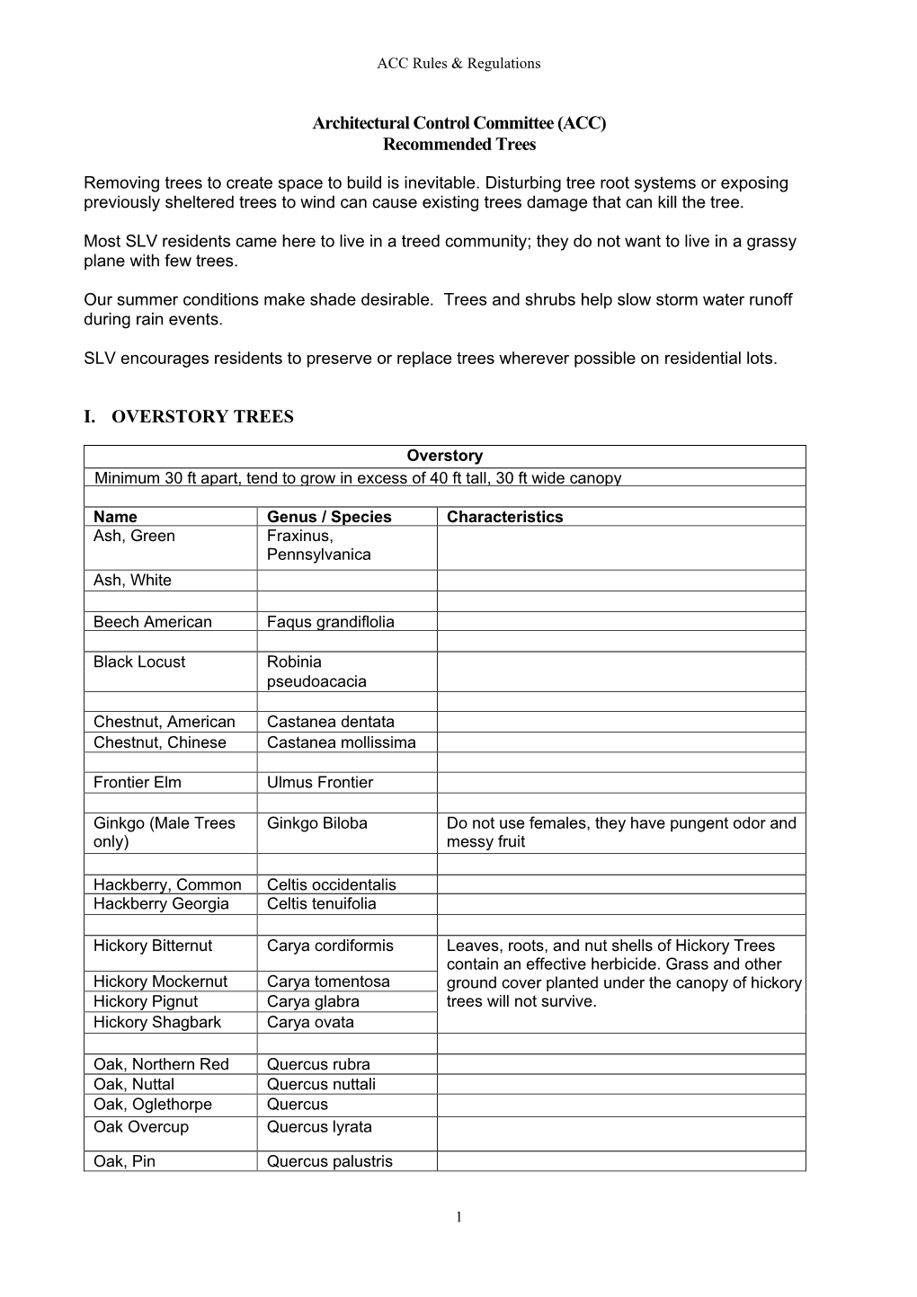 (ACC) Recommended Trees I. OVERSTORY TREES