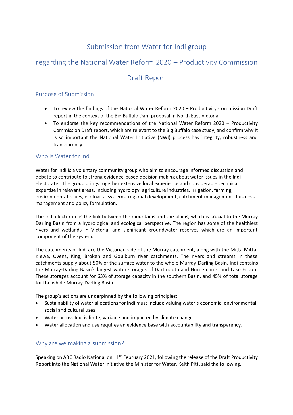 Water for Indi Group Regarding the National Water Reform 2020 – Productivity Commission Draft Report