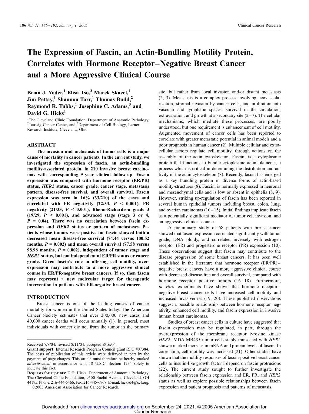 The Expression of Fascin, an Actin-Bundling Motility Protein, Correlates with Hormone Receptor–Negative Breast Cancer and a More Aggressive Clinical Course