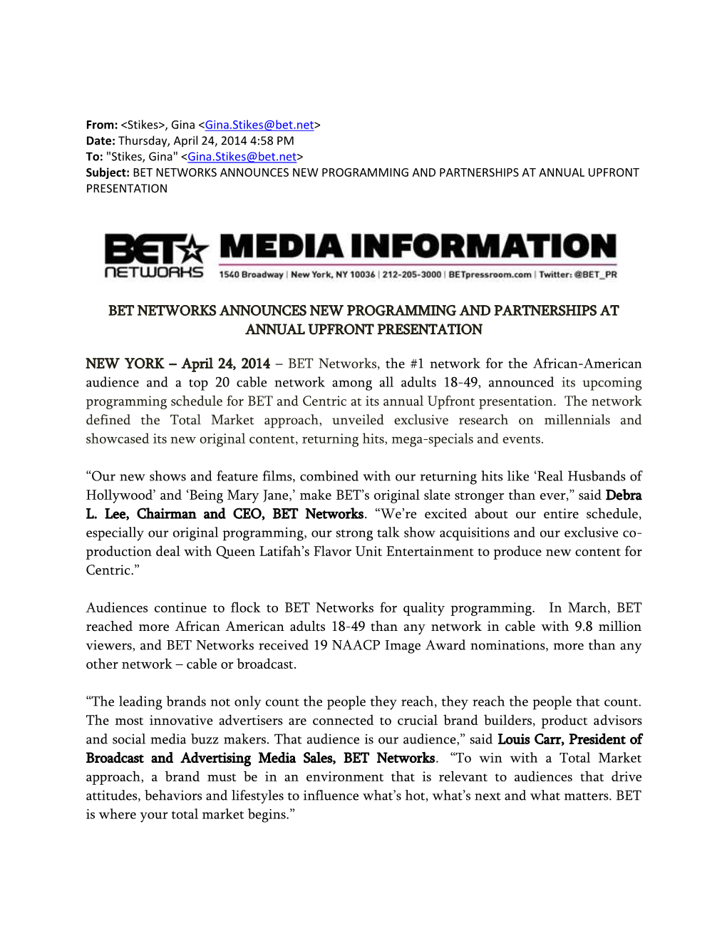 Bet Networks Announces New Programming and Partnerships at Annual Upfront Presentation