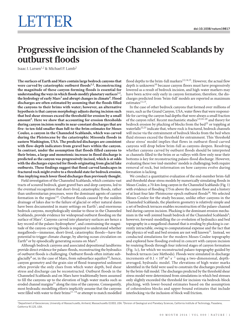 2016 Nature Article on Moses Coulee Erosion by Isaac Larsen And