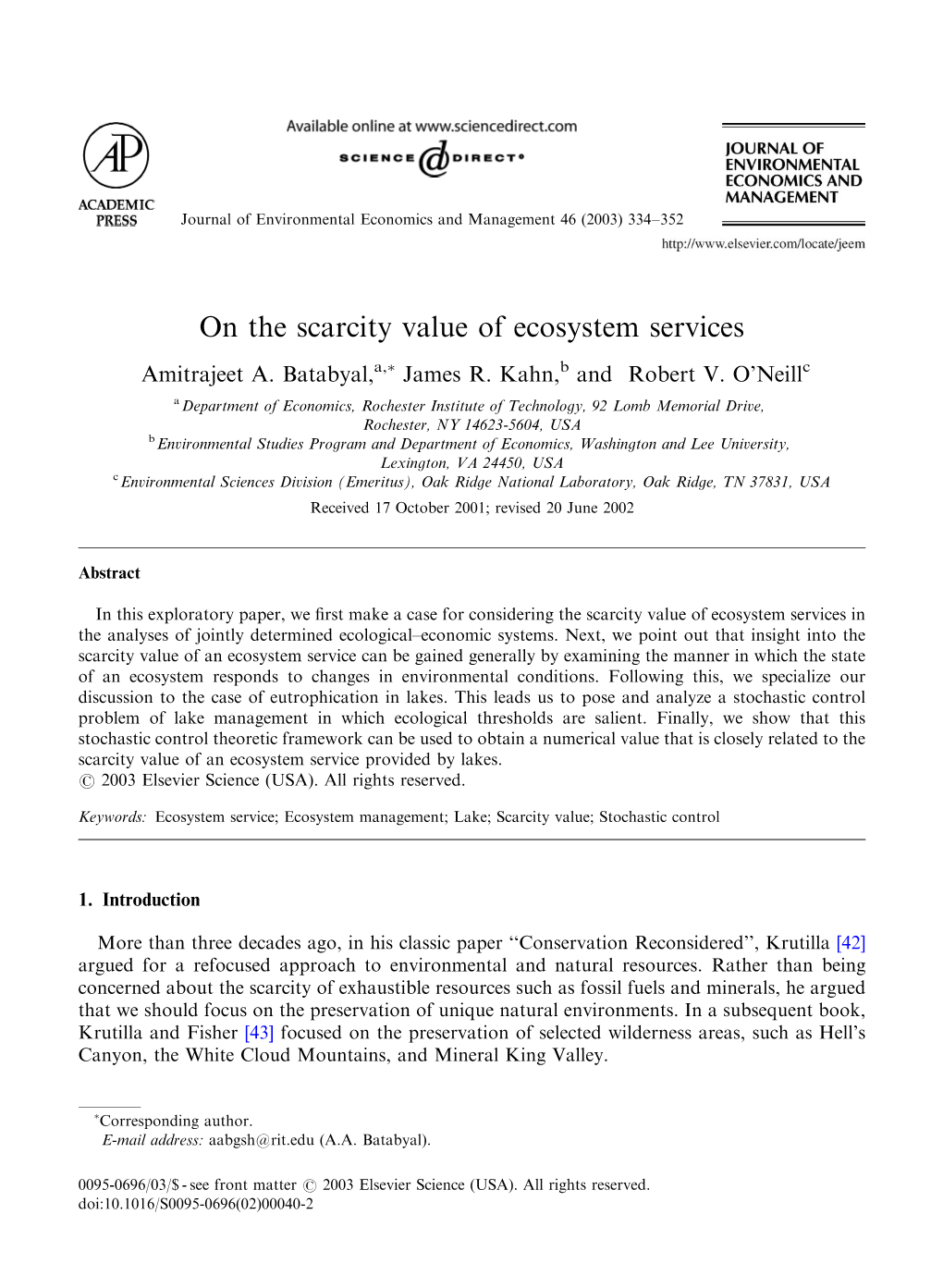 On the Scarcity Value of Ecosystem Services Amitrajeet A