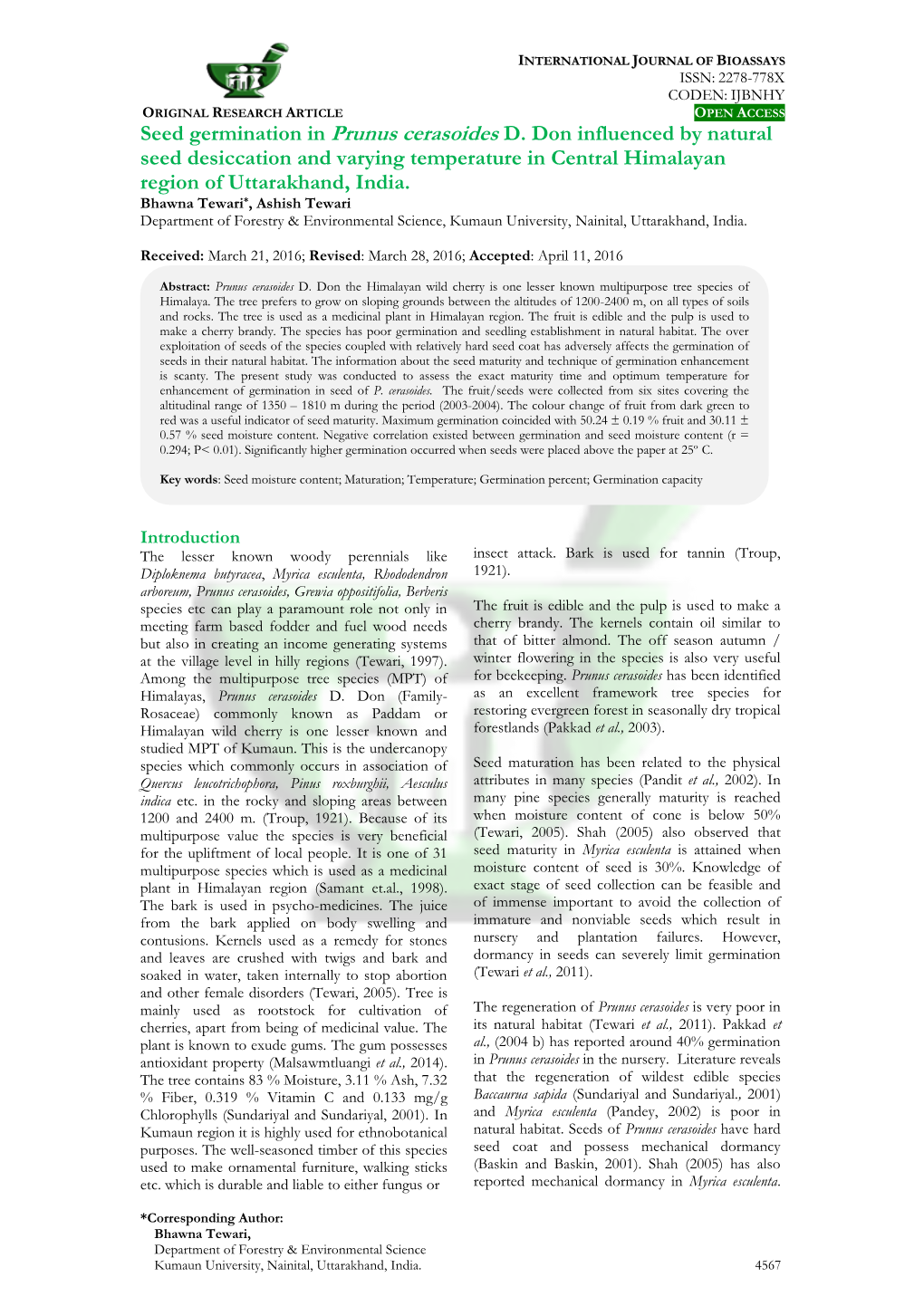 Seed Germination in Prunus Cerasoides D. Don Influenced by Natural Seed Desiccation and Varying Temperature in Central Himalayan Region of Uttarakhand, India