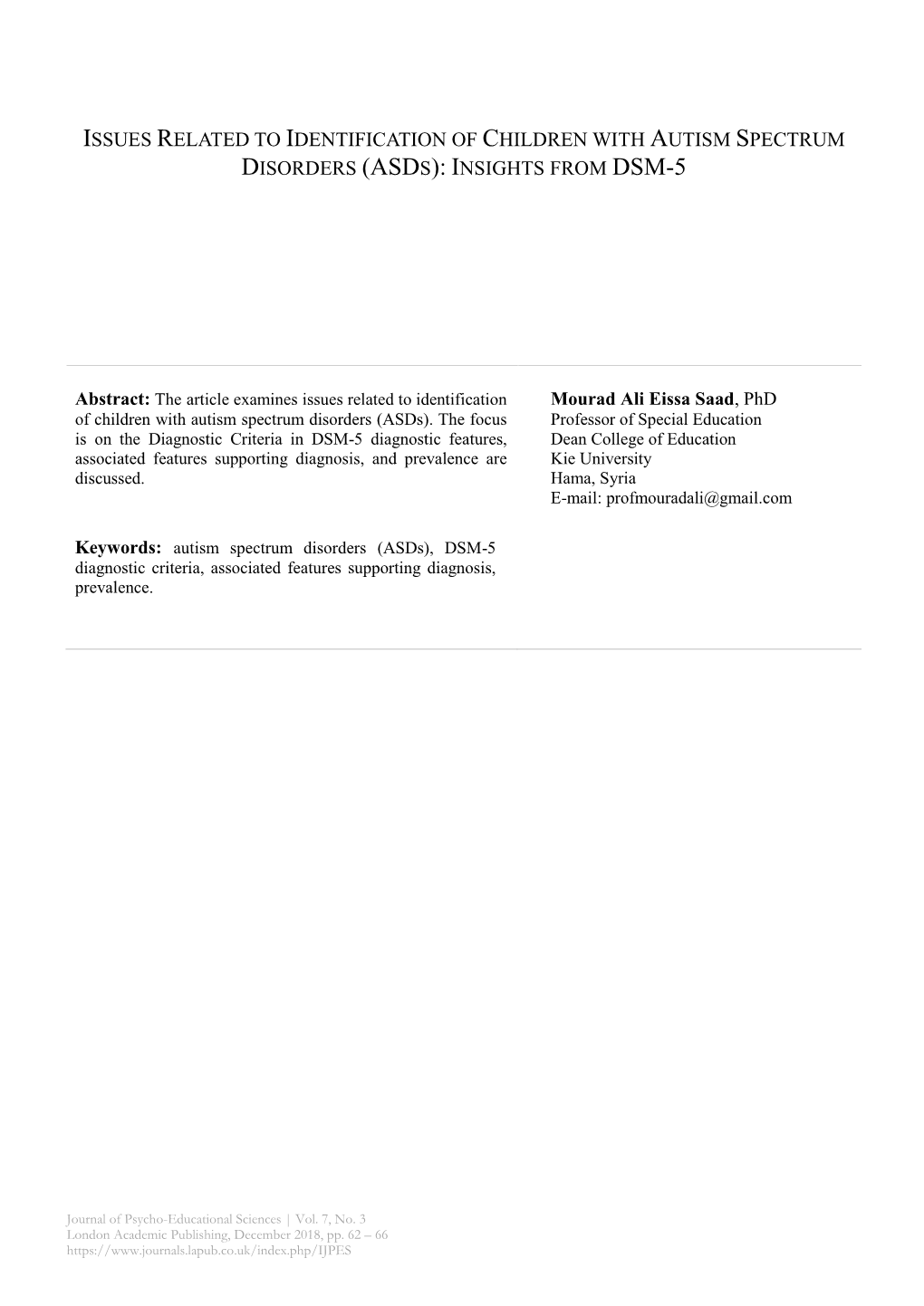 Issues Related to Identification of Children with Autism Spectrum Disorders (Asds): Insights from Dsm-5