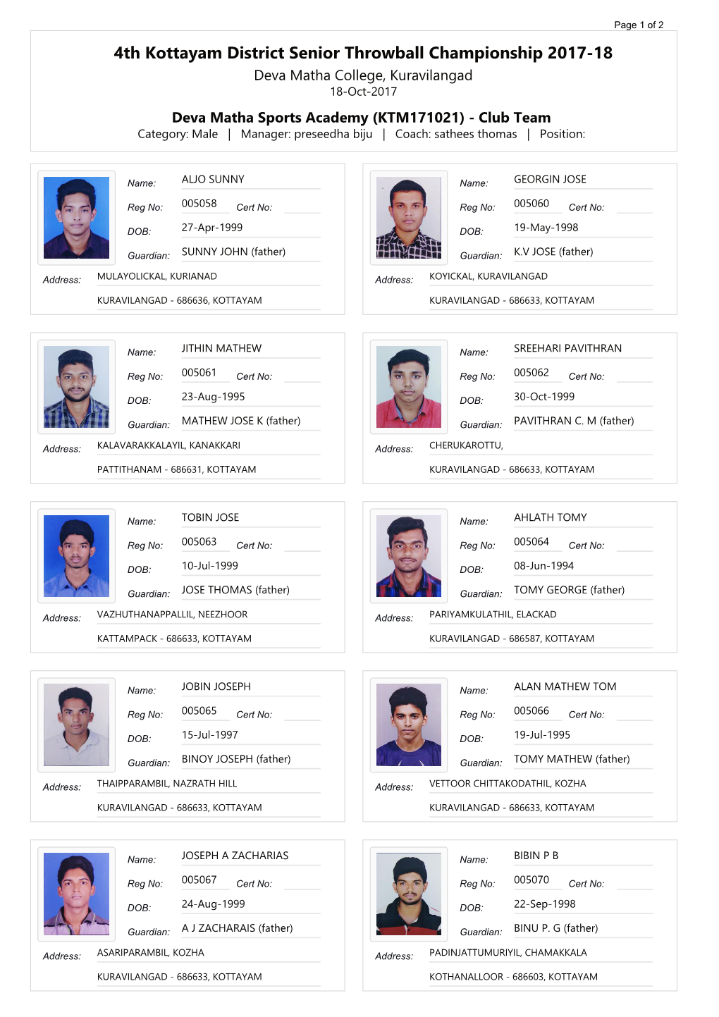 4Th Kottayam District Senior Throwball Championship 2017-18