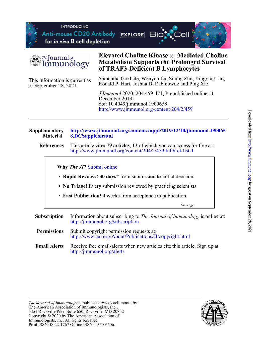 Elevated Choline Kinase Α–Mediated Choline Metabolism Supports the Prolonged Survival of TRAF3-Deficient B Lymphocytes