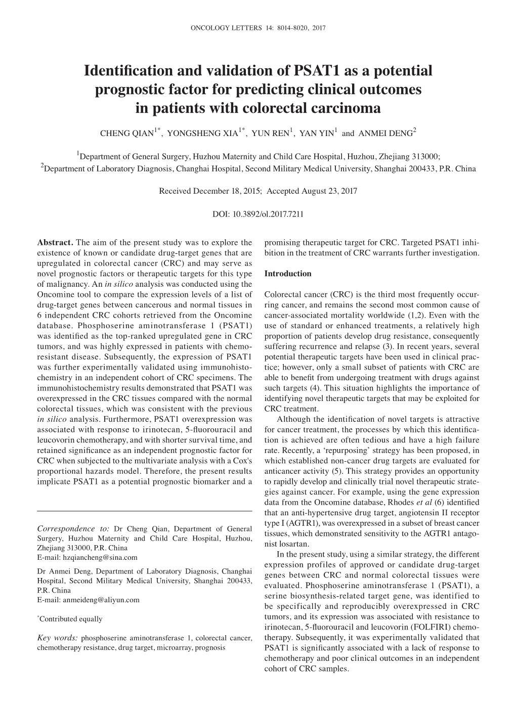Identification and Validation of PSAT1 As a Potential Prognostic Factor for Predicting Clinical Outcomes in Patients with Colorectal Carcinoma