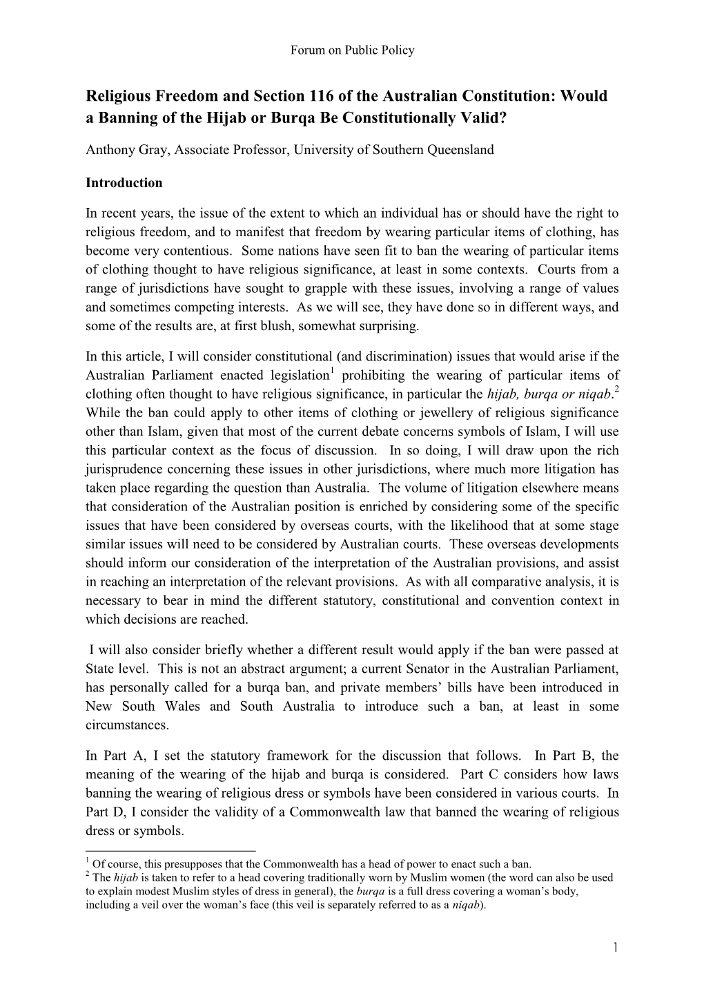 Religious Freedom and Section 116 of the Australian Constitution: Would a Banning of the Hijab Or Burqa Be Constitutionally Valid?