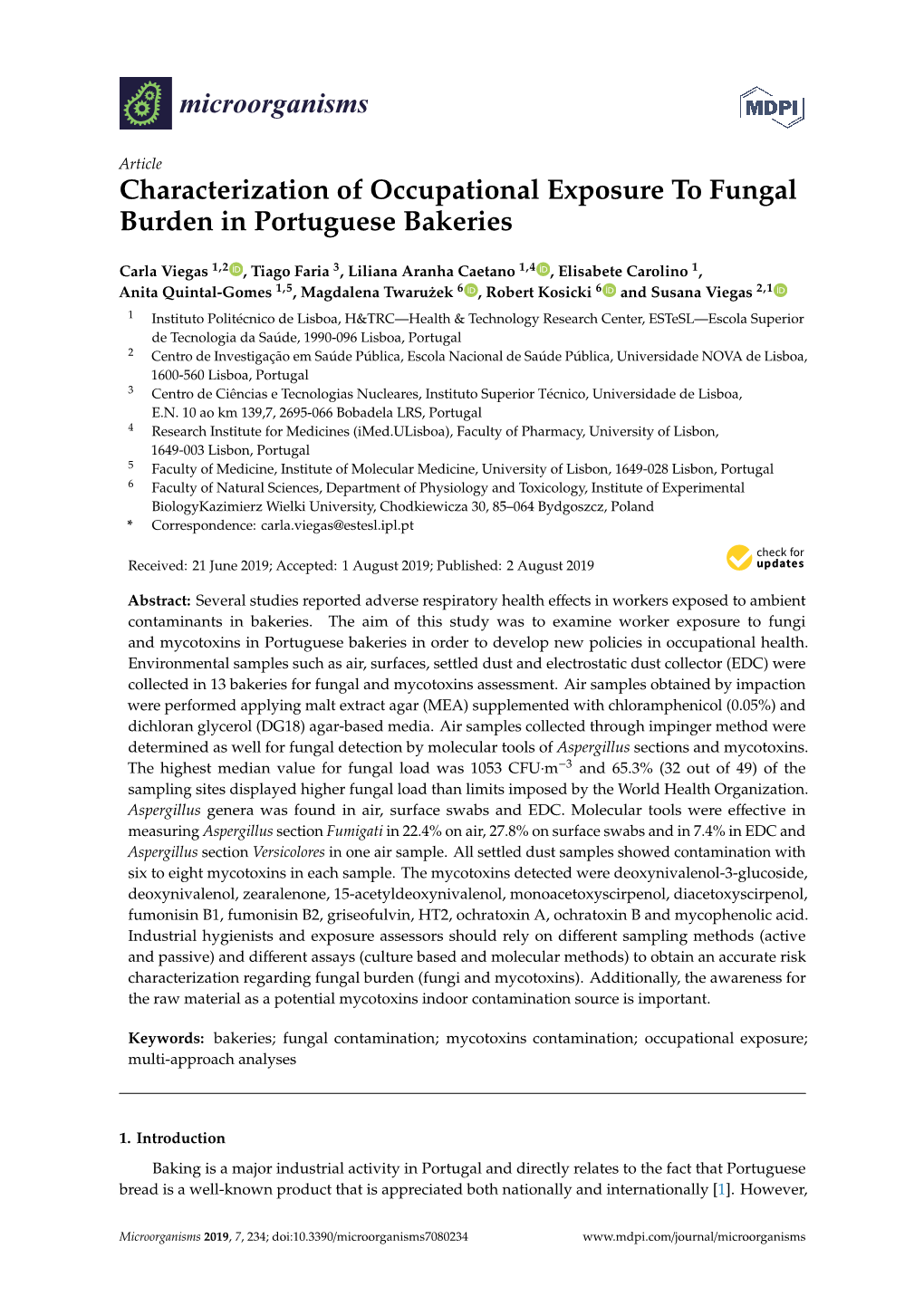 Characterization of Occupational Exposure to Fungal Burden in Portuguese Bakeries