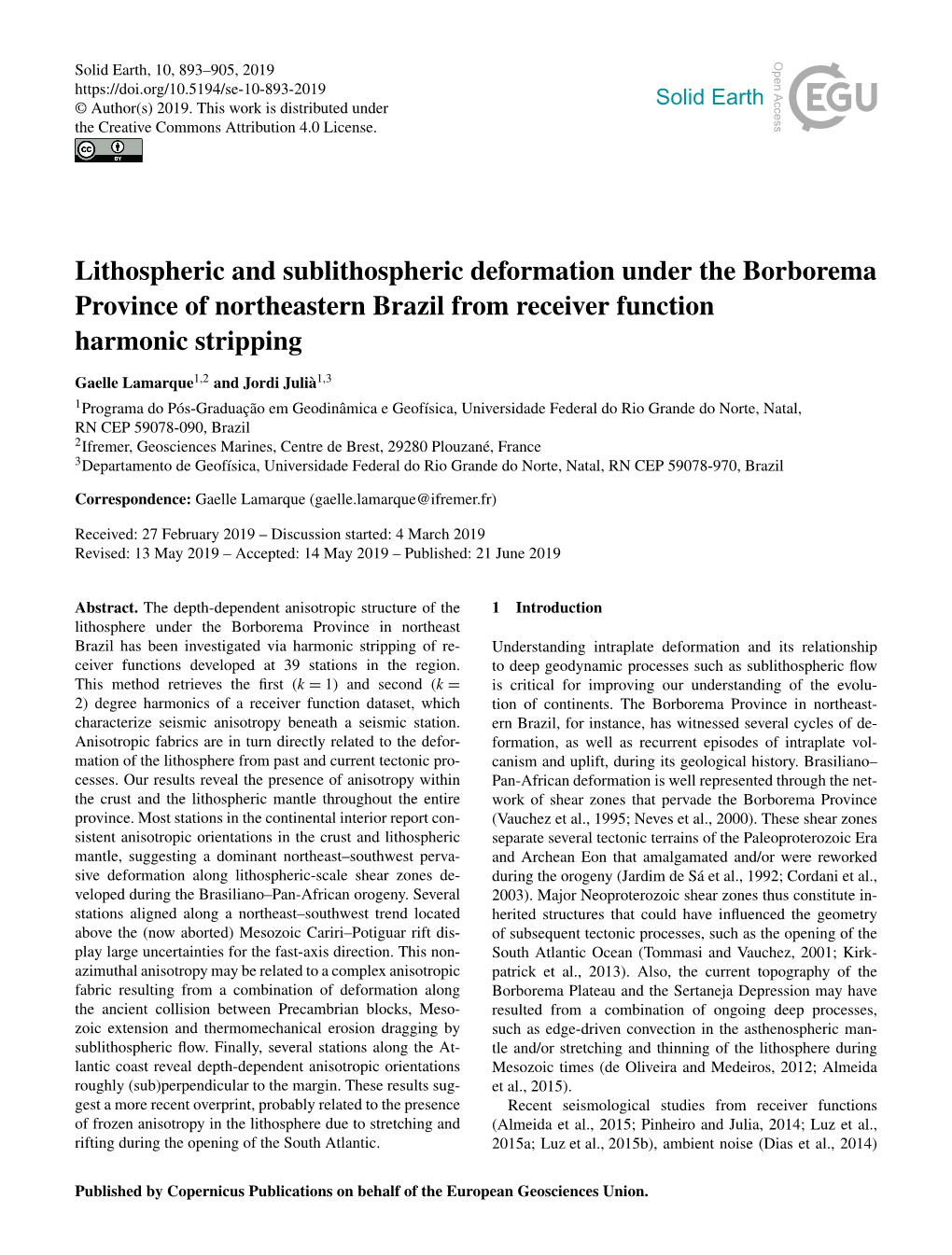Lithospheric and Sublithospheric Deformation Under the Borborema Province of Northeastern Brazil from Receiver Function Harmonic Stripping