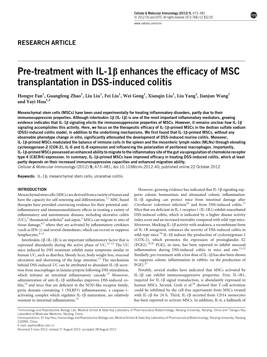 Pre-Treatment with IL-1Β Enhances the Efficacy of MSC Transplantation In