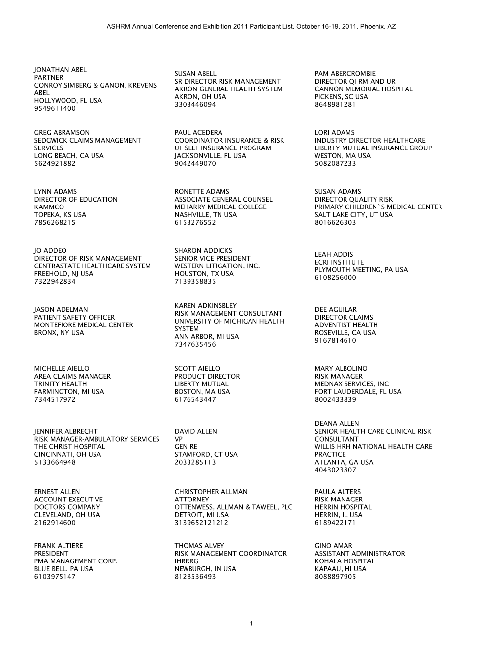 ASHRM Annual Conference and Exhibition 2011 Participant List, October 16-19, 2011, Phoenix, AZ