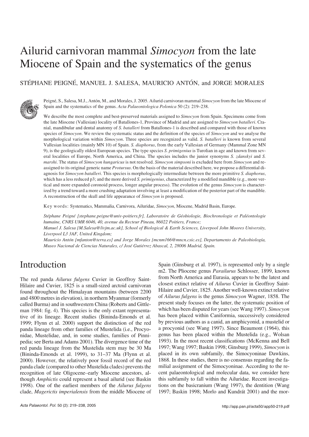 Ailurid Carnivoran Mammal Simocyon from the Late Miocene of Spain and the Systematics of the Genus