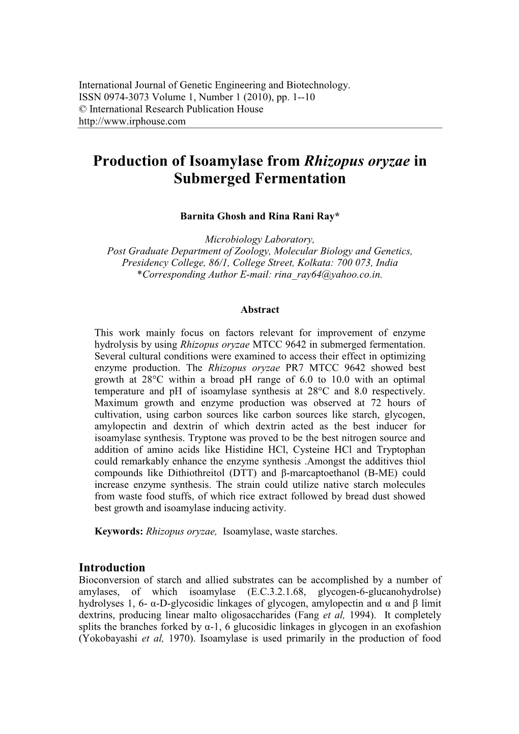 Production of Isoamylase from Rhizopus Oryzae in Submerged Fermentation