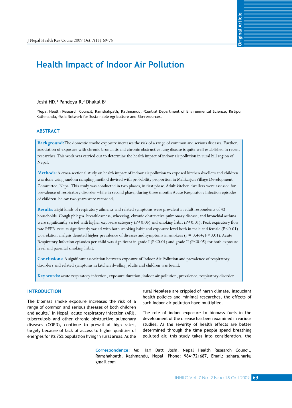 Health Impact of Indoor Air Pollution