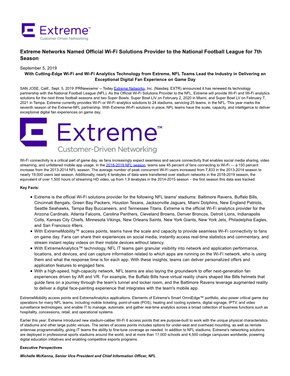 Extreme Networks Named Official Wi-Fi Solutions Provider to the National Football League for 7Th Season