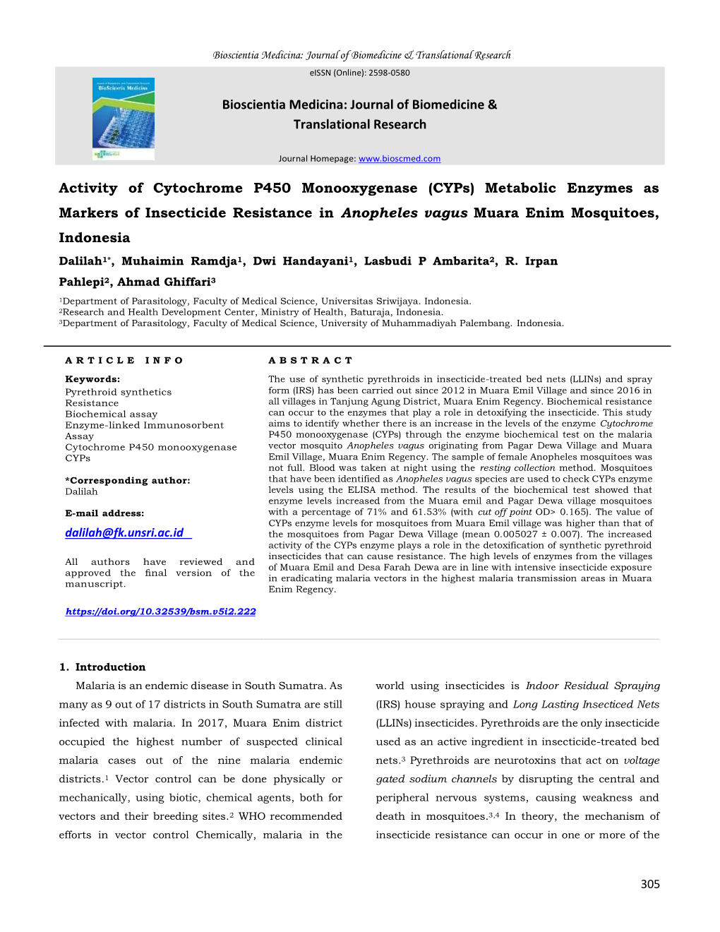 Metabolic Enzymes As Markers of Insecticide Resistance in Anopheles Vagus Muara Enim Mosquitoes, Indonesia