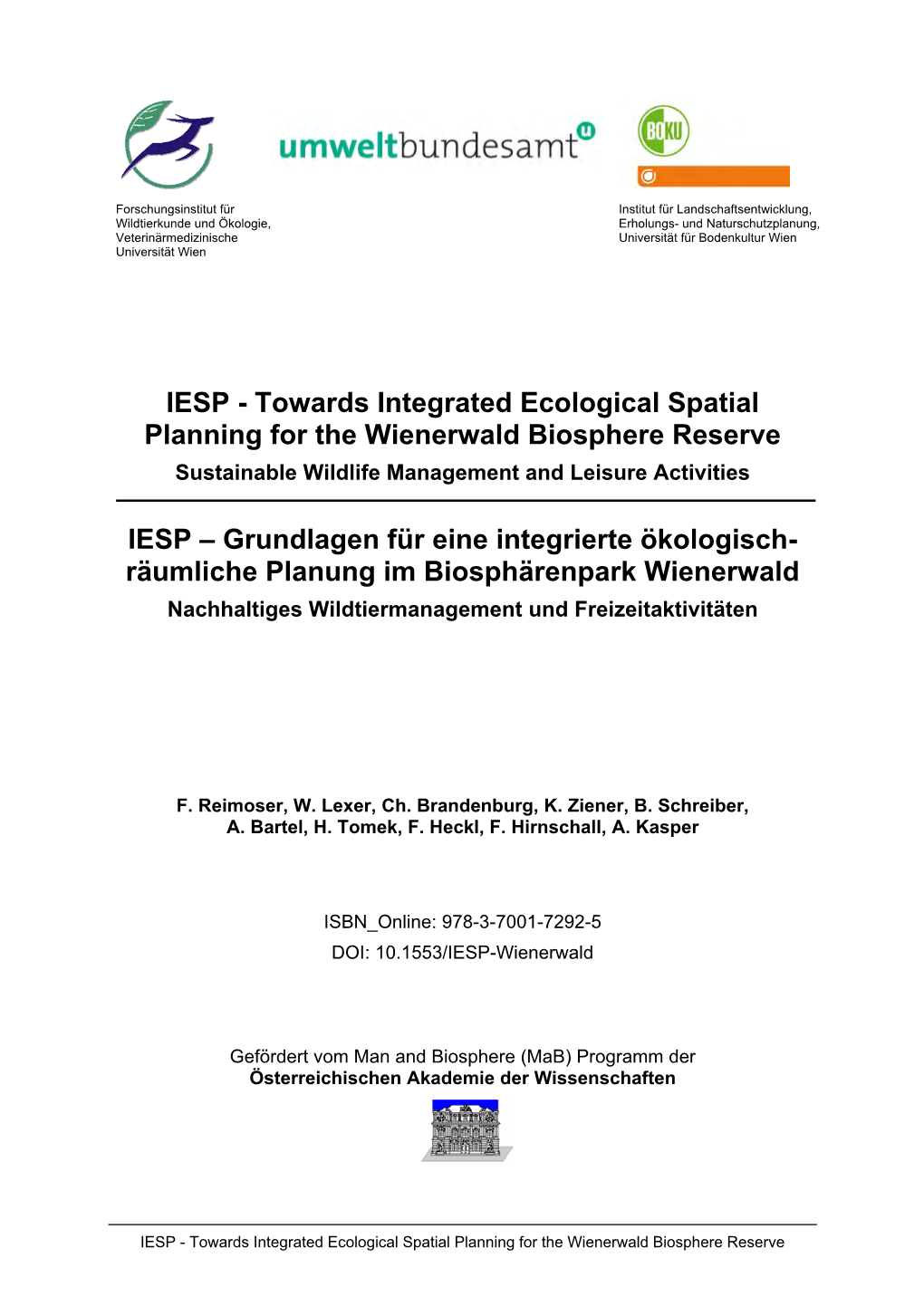 Towards Integrated Ecological Spatial Planning for the Wienerwald Biosphere Reserve IESP - Impressum
