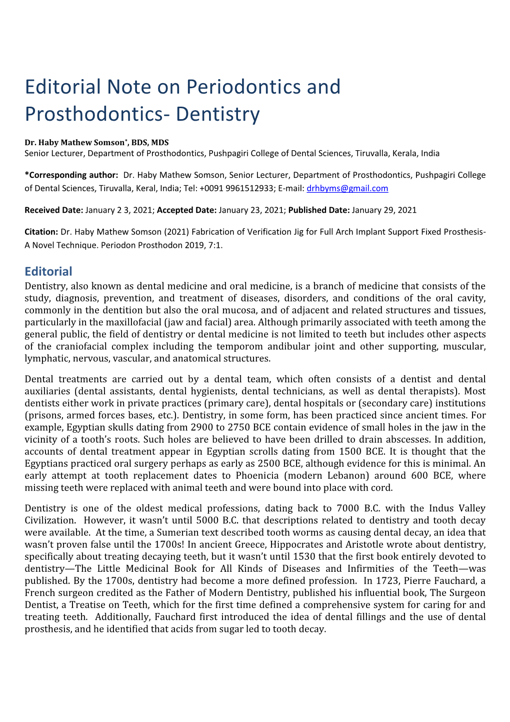 Editorial Note on Periodontics and Prosthodontics- Dentistry