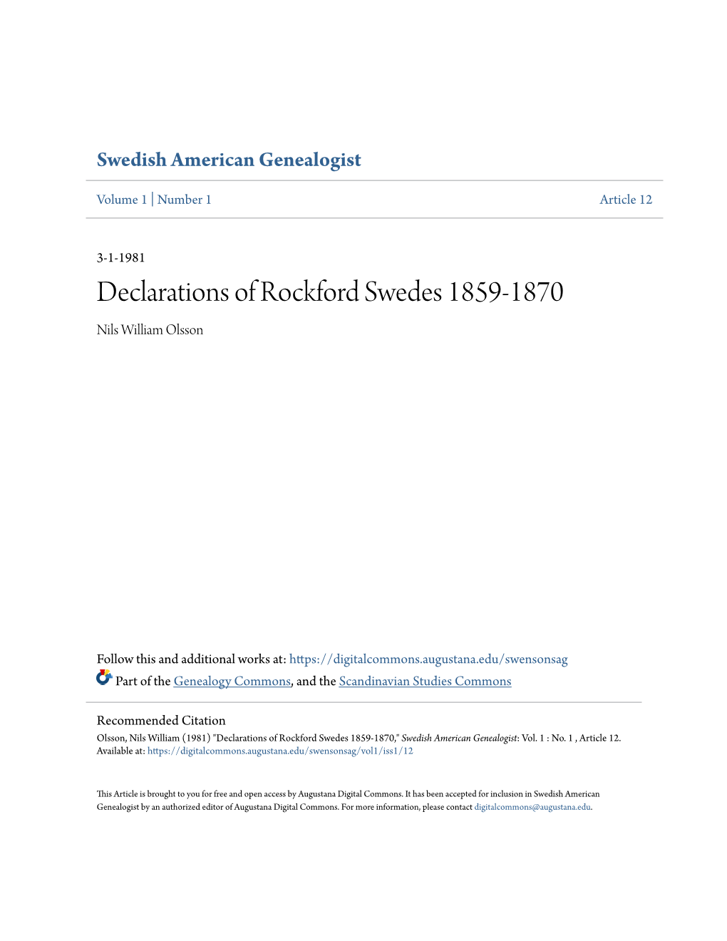 Declarations of Rockford Swedes 1859-1870 Nils William Olsson