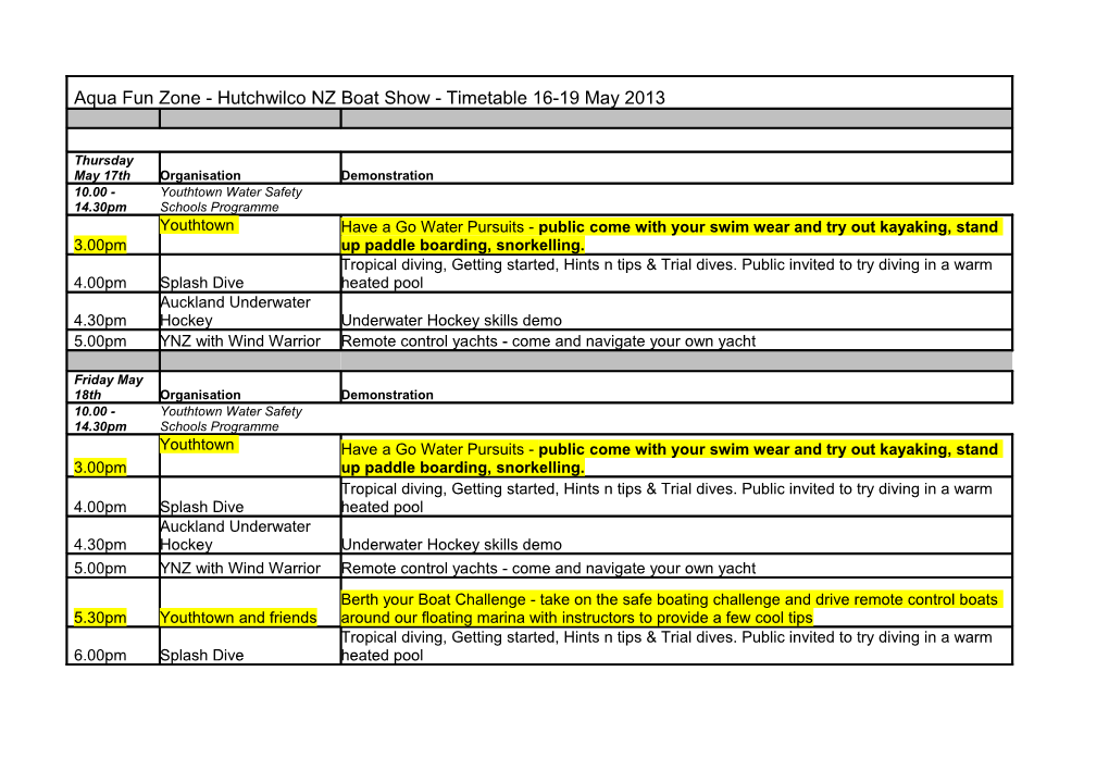 Aqua Fun Zone - Hutchwilco NZ Boat Show - Timetable 16-19 May 2013