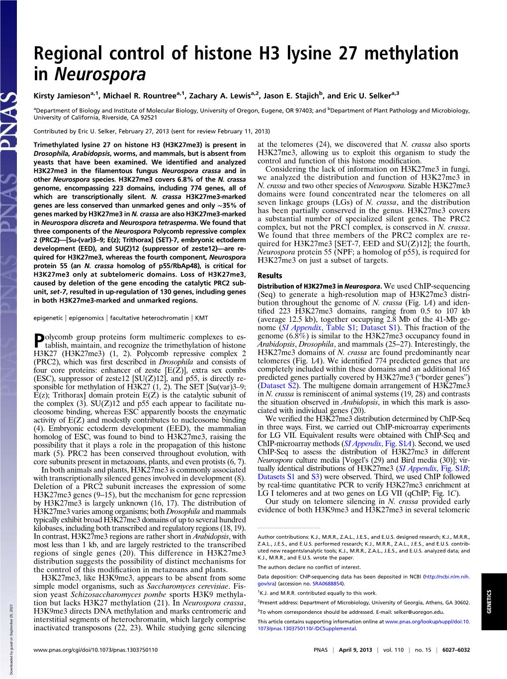 Regional Control of Histone H3 Lysine 27 Methylation in Neurospora