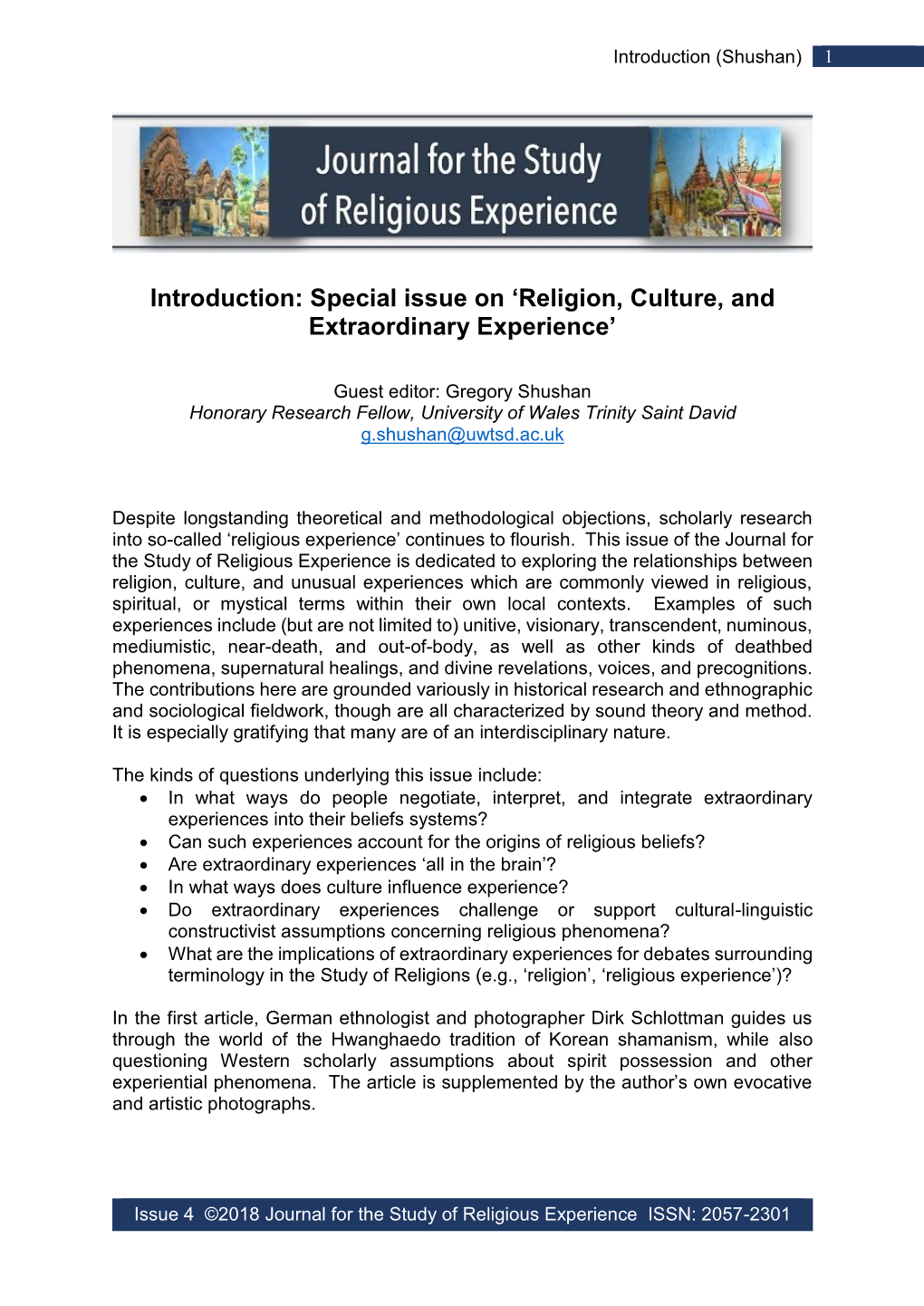 Special Issue on ‘Religion, Culture, and Extraordinary Experience’