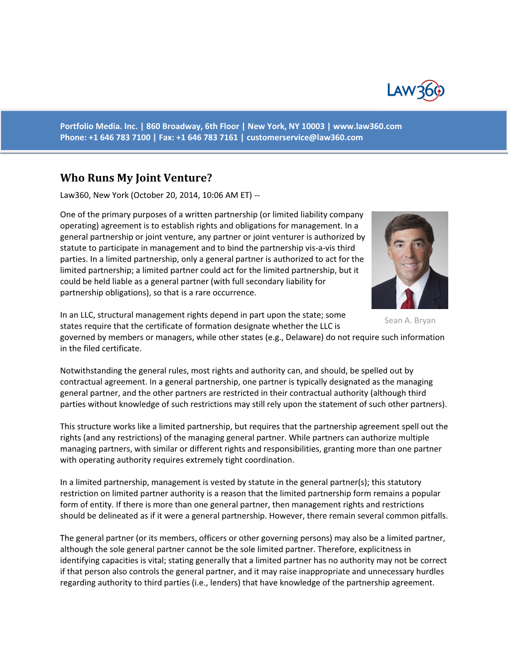 Who Runs My Joint Venture? Law360, New York (October 20, 2014, 10:06 AM ET)