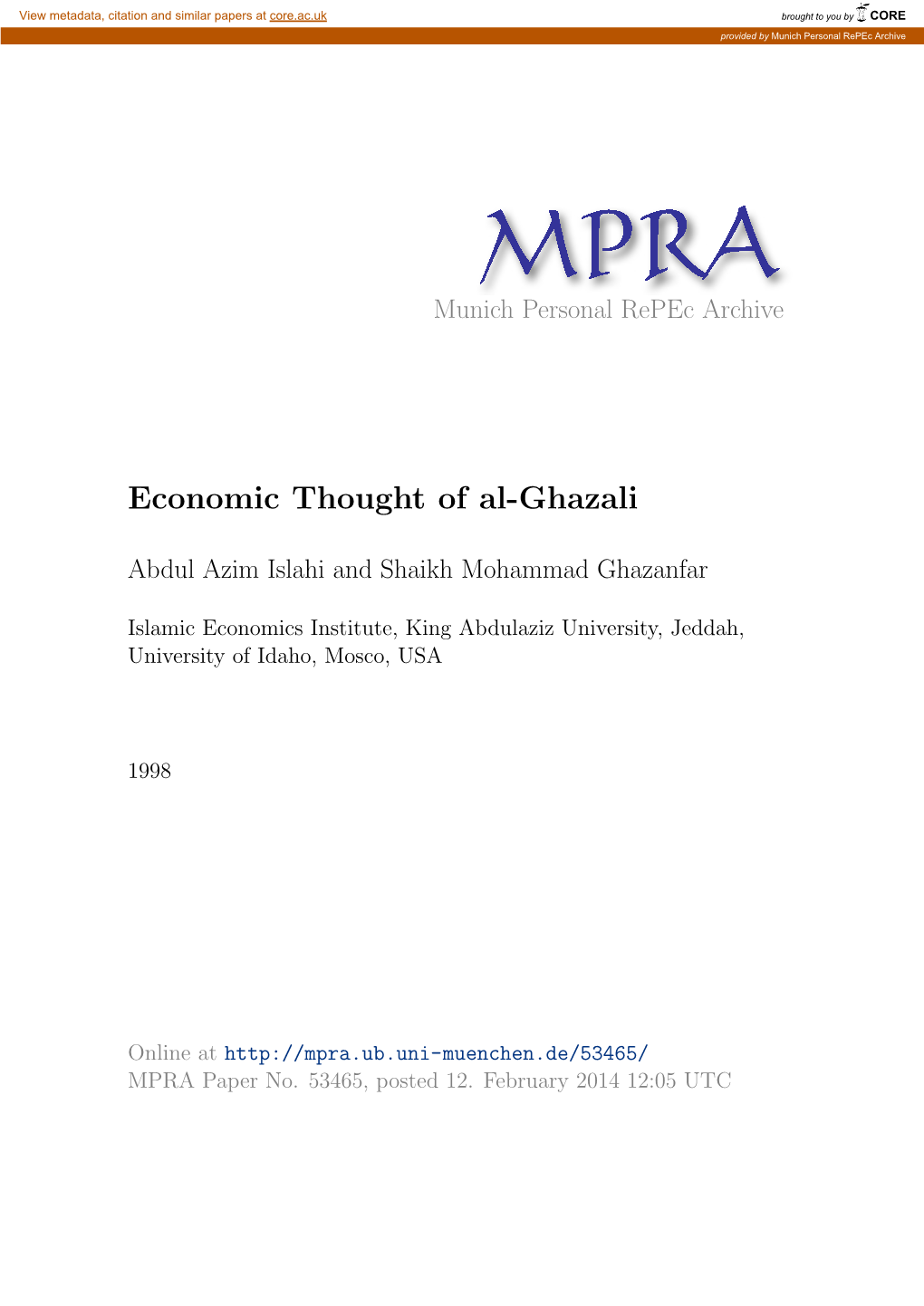 Economic Thought of Al-Ghazali