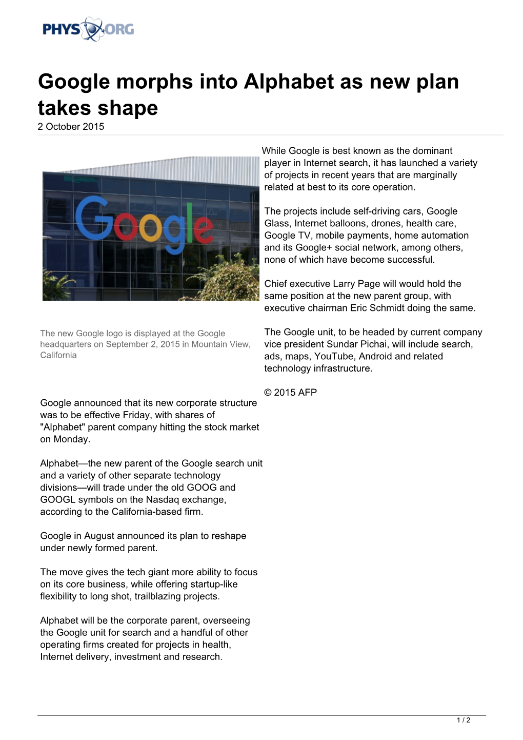 Google Morphs Into Alphabet As New Plan Takes Shape 2 October 2015