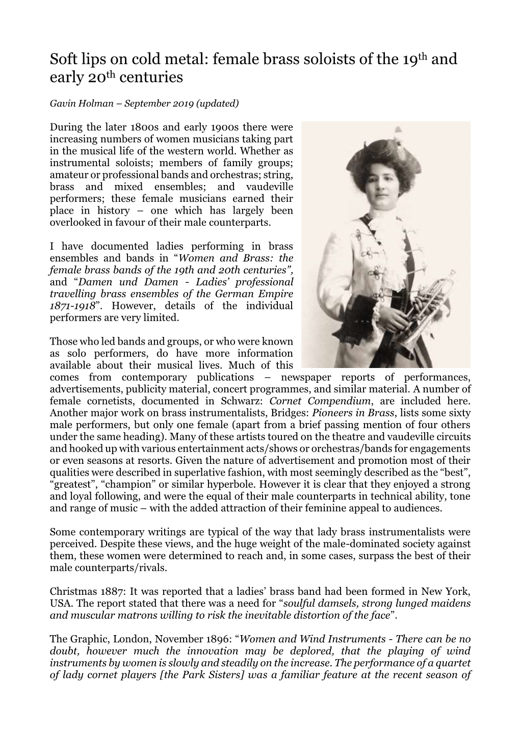 Female Brass Soloists of the 19Th and Early 20Th Centuries