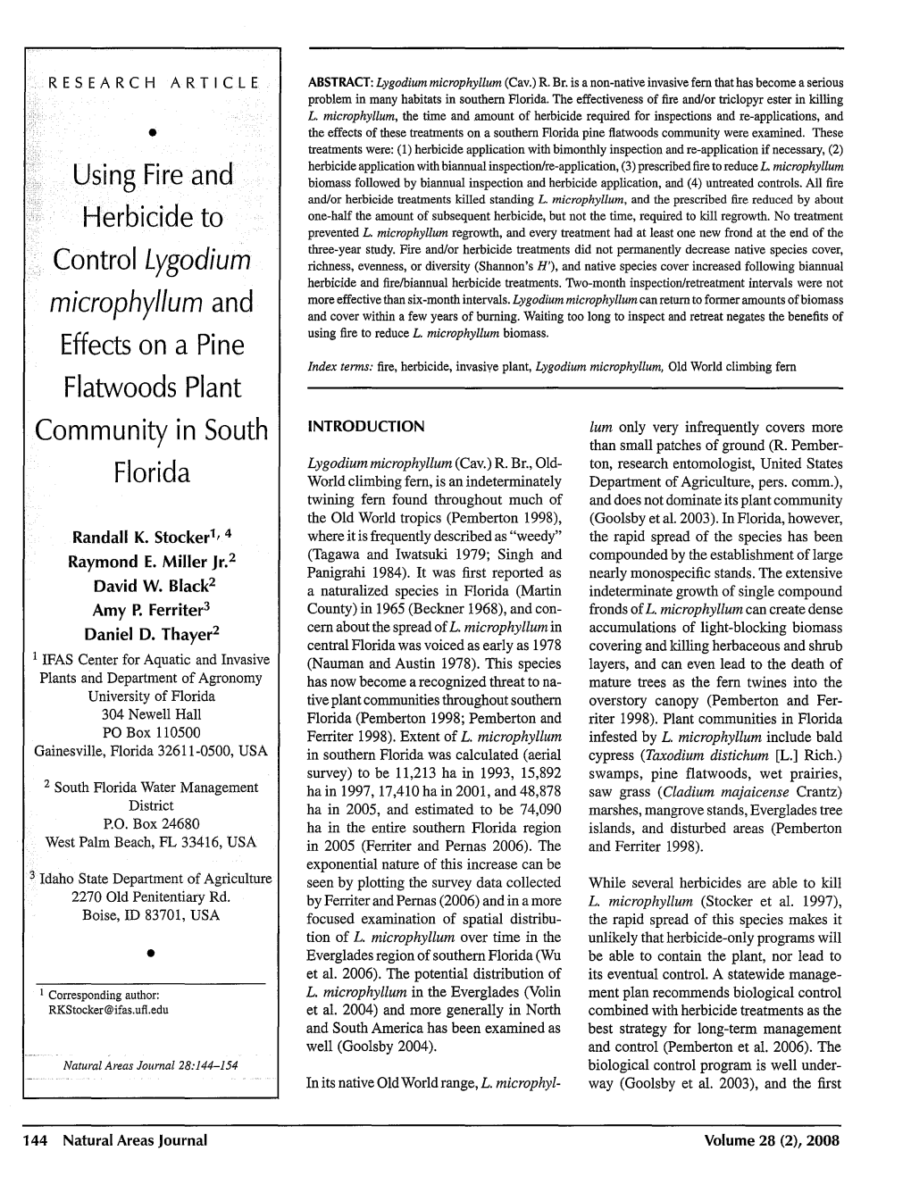 Using Fire and Herbicide to Control Lygodium Microphyllum and Effects on a Pine Flatwoods Plant Community