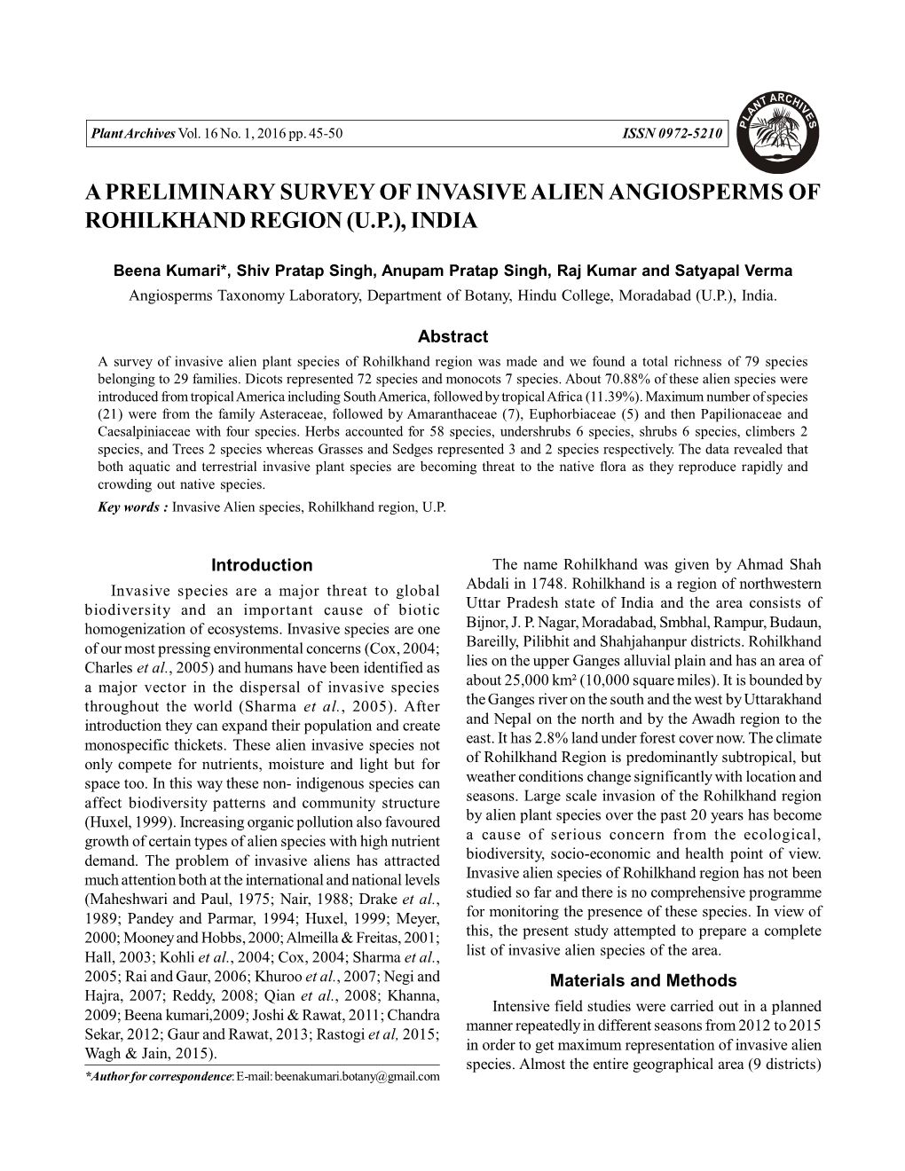 A Preliminary Survey of Invasive Alien Angiosperms of Rohilkhand Region (U.P.), India