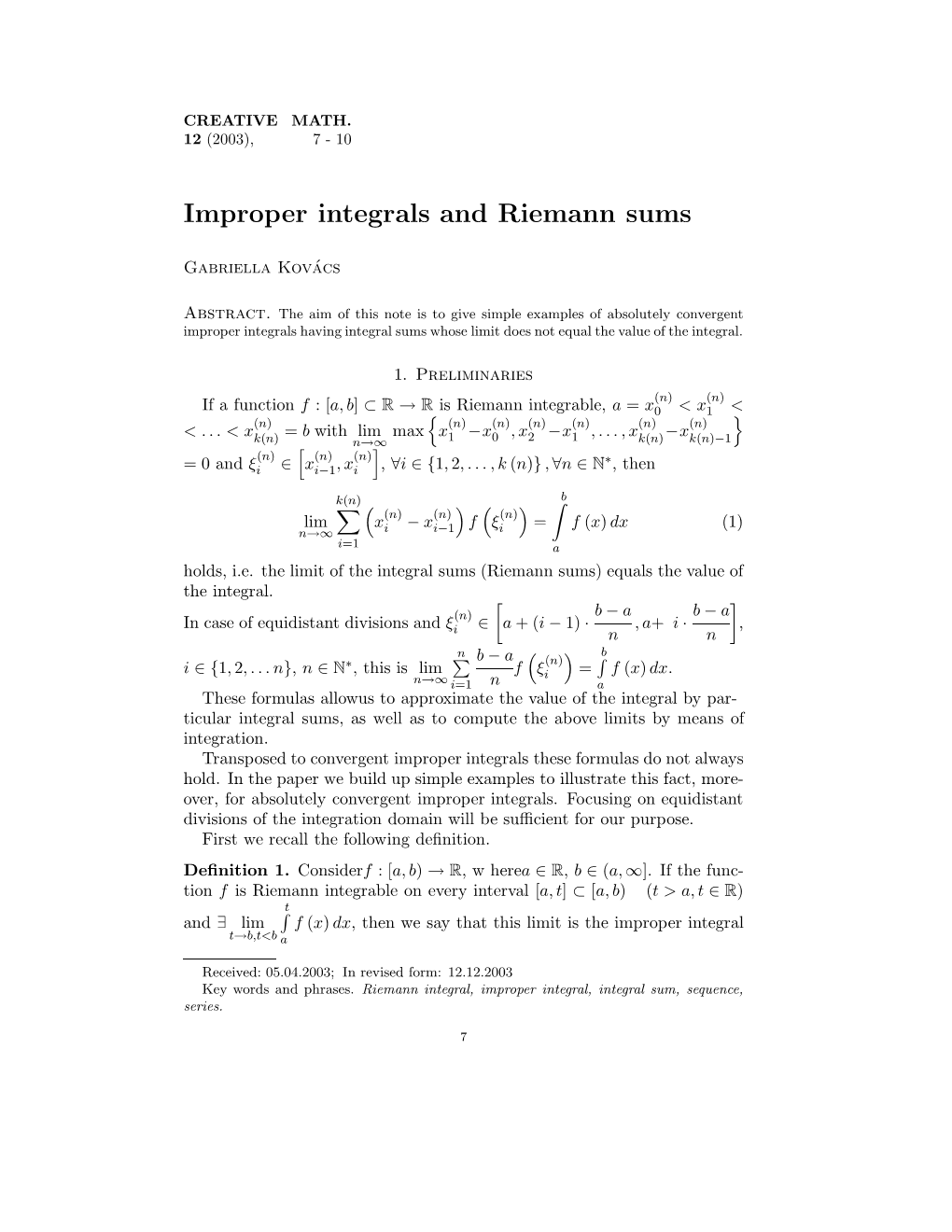 Improper Integrals and Riemann Sums