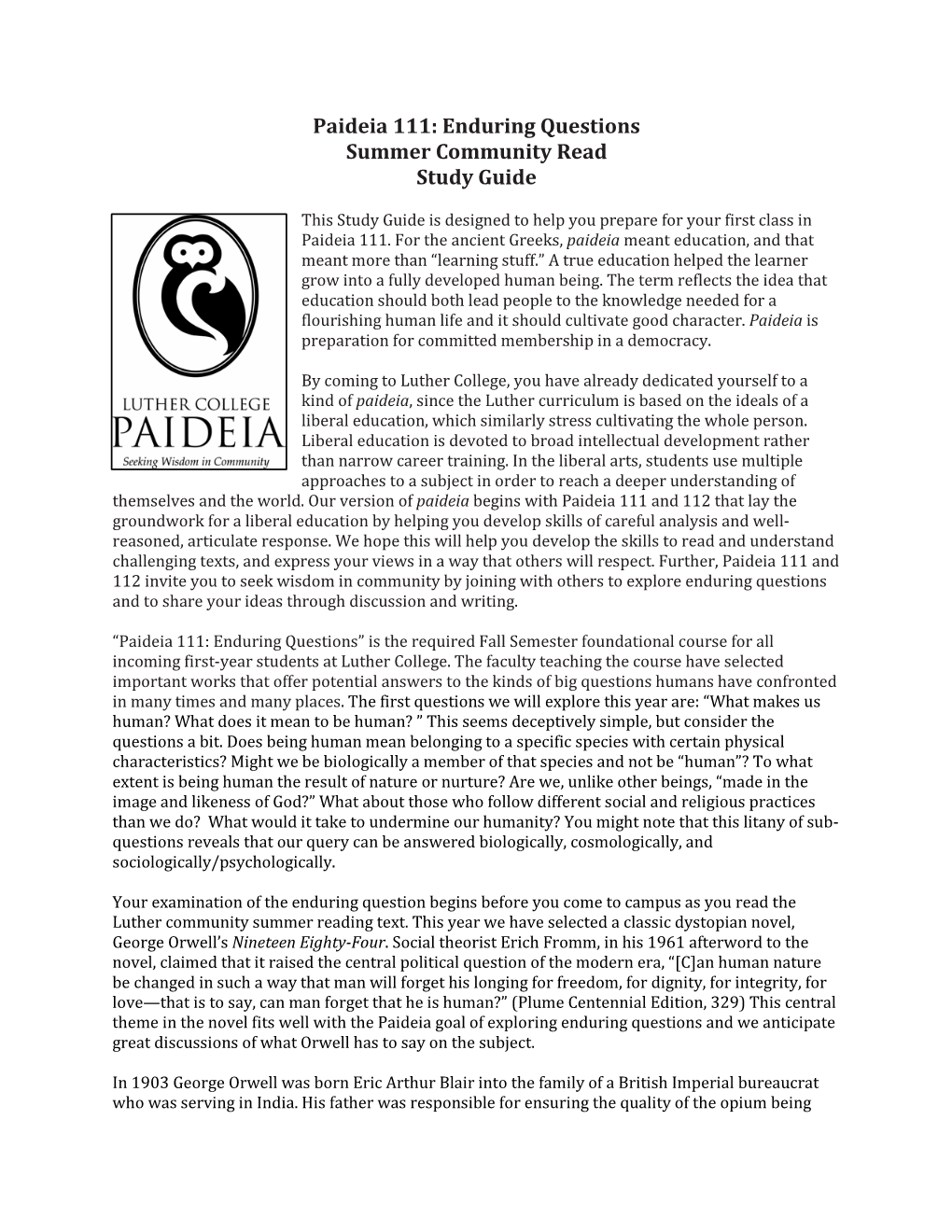 Paideia 111: Enduring Questions Summer Community Read Study Guide