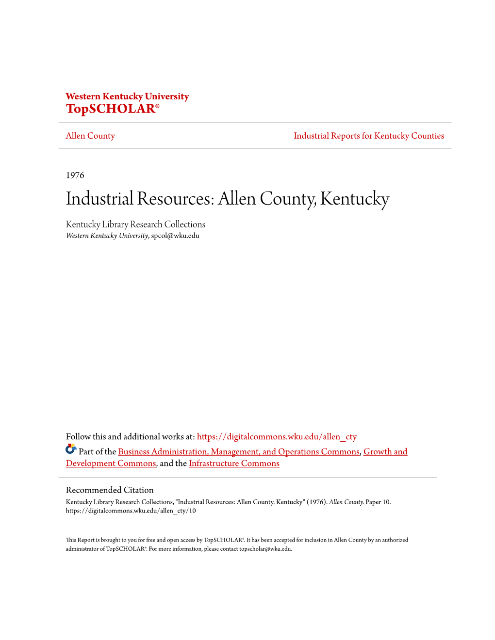 Allen County, Kentucky Kentucky Library Research Collections Western Kentucky University, Spcol@Wku.Edu