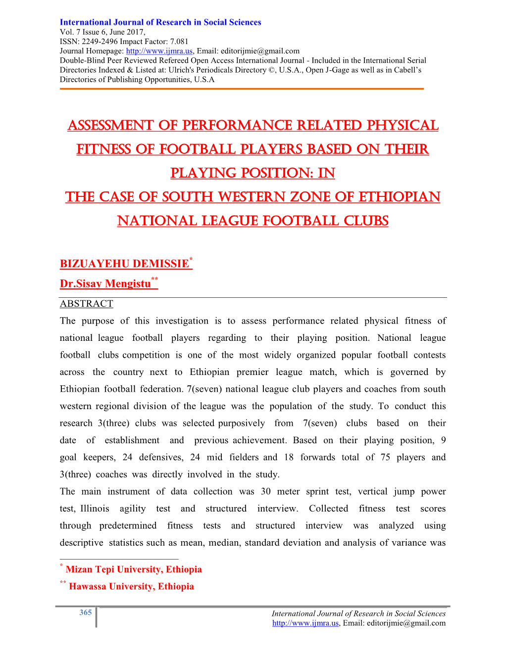 Assessment of Performance Related Physical Fitness Of