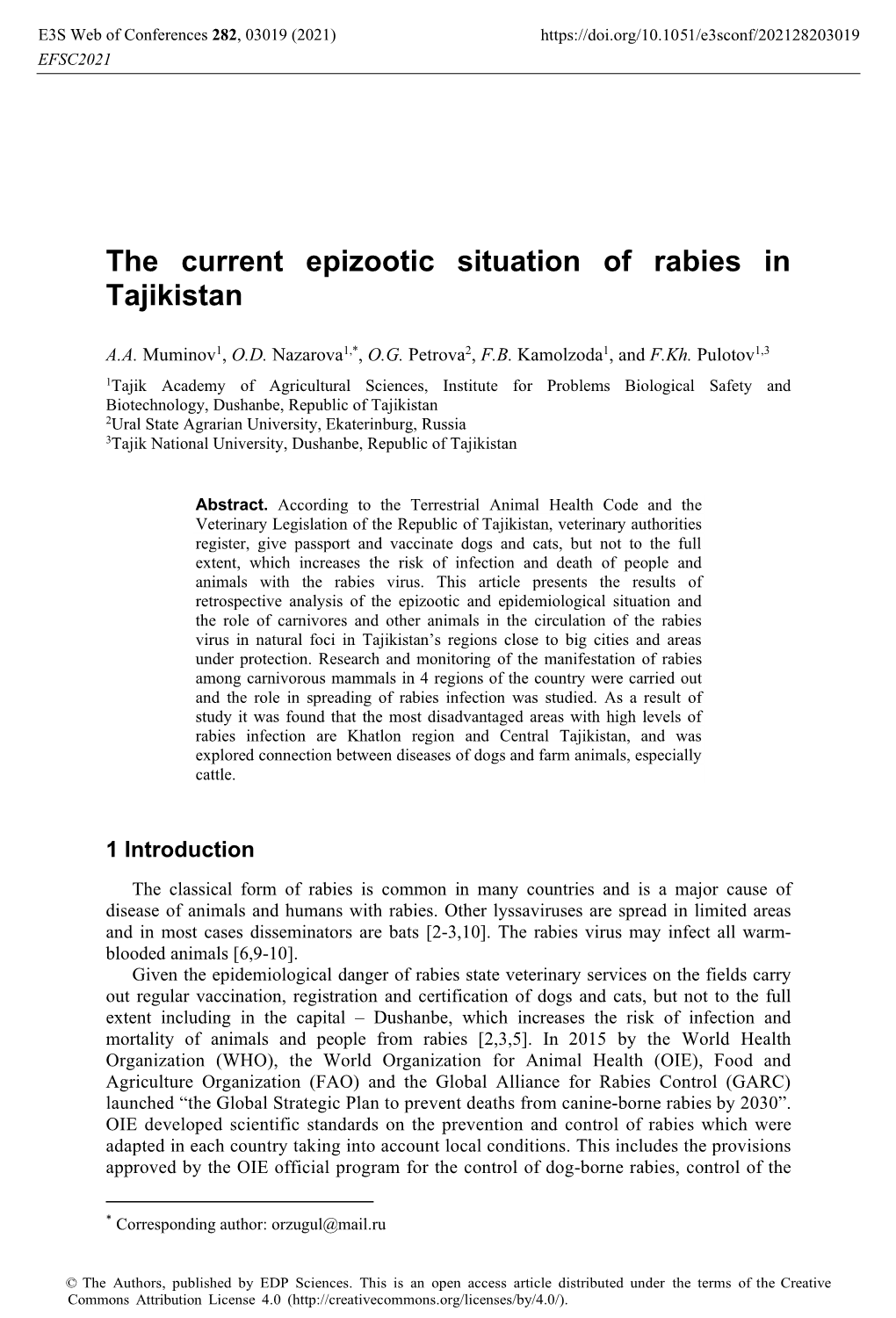 The Current Epizootic Situation of Rabies in Tajikistan