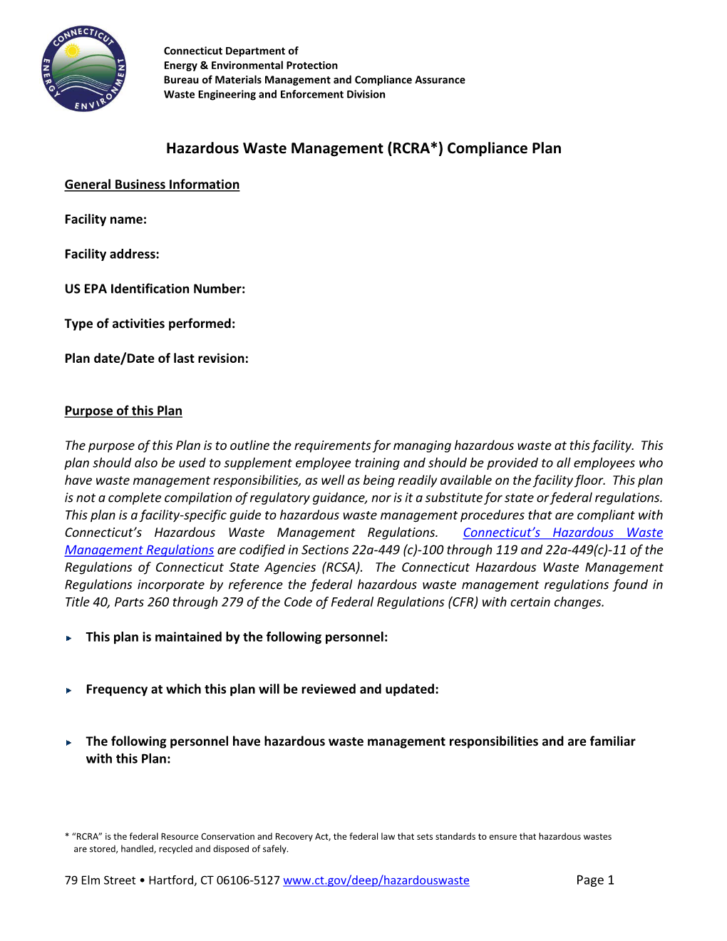 Hazardous Waste Management (RCRA*) Compliance Plan