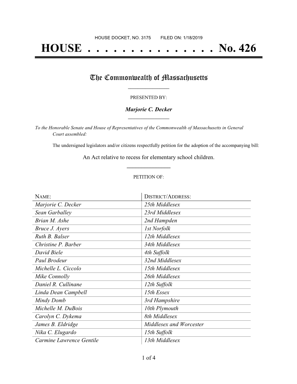 Massachusetts State Bill for Recess H426